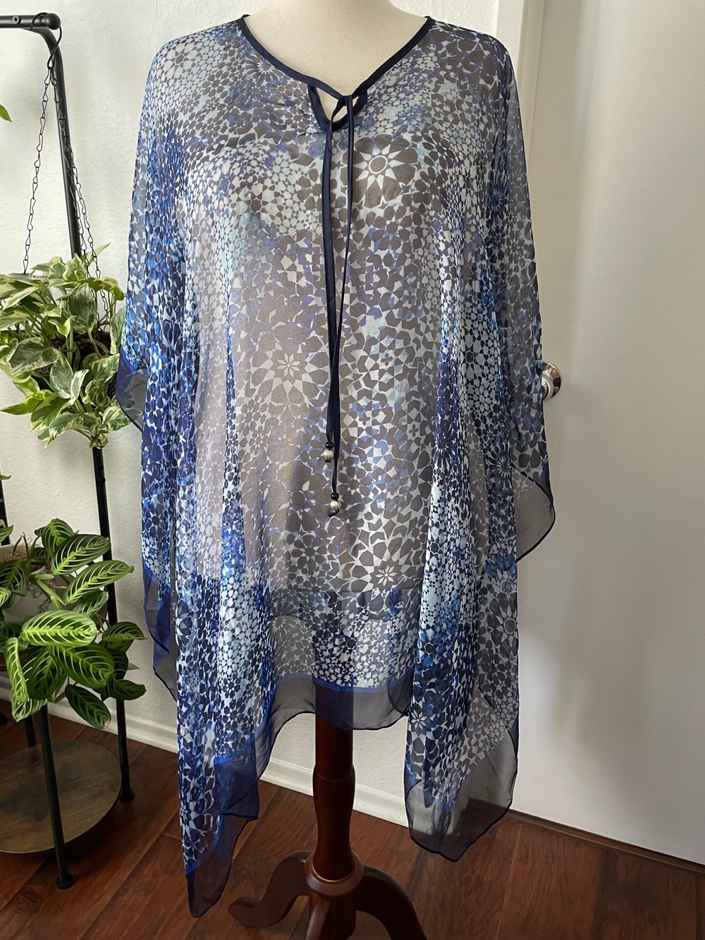 Catherines Plus Size OS Blue Sheer Poncho Tunic Kaftan Geometric Boho Artsy Top